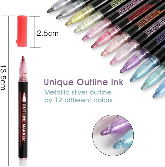 Double Line Outline Metallic Markers,Super Squiggles Shimmer Markers Pen,12 Colors Self-Outline Metallic Markers Glitter Writing Drawing Pens for Christmas Card Writing,Posters,DIY Art Crafts