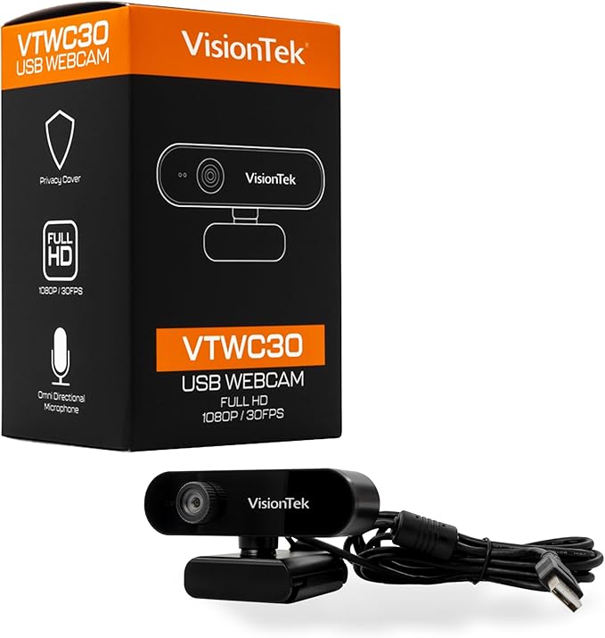 VisionTek VTWC30 Premium Full HD (1080P 30FPS) Webcam, for Windows, Mac, Linux, & Chromebook with Digital Dual Microphones, Manual Focus Lens, Privacy Cover, 83-Degree Viewing Angle
