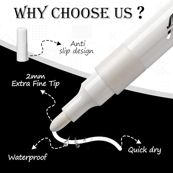White Markers Pen, 8 Pack Paint Pens, Fine Tip Acrylic White Permanent Markers for Sketching, Drawing, Wood, Rock, Tyres, Plastic, Leather, Glass, DIY Painting
