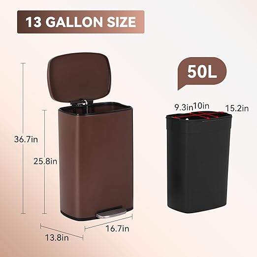 PayLessHere Stainless Steel Trash Can with Lid - Removable Inner Bucket, Foot Pedal Soft Close for Office, Home, Kitchen Garbage Bin (Brown, 13 G)
