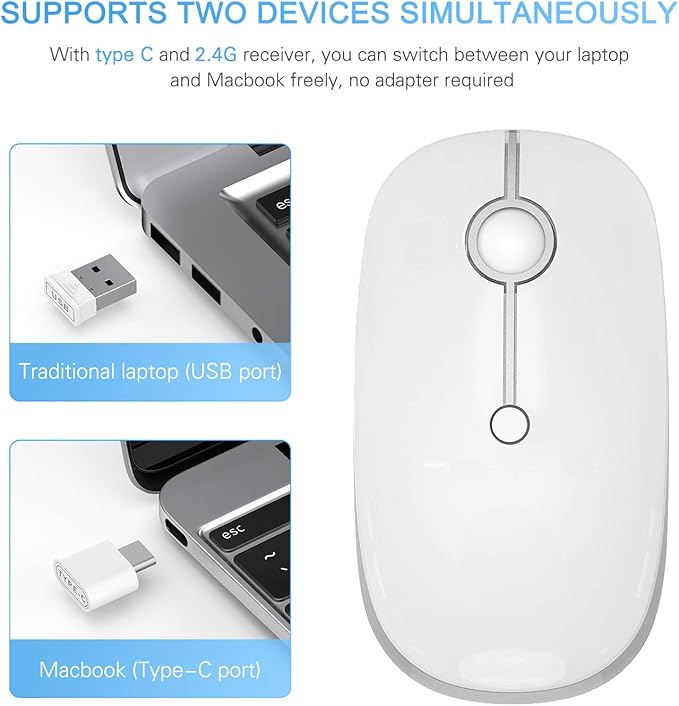 Type C Wireless Mouse,Vssoplor USB C Mouse Dual Mode 2.4G Cordless Mice with Nano USB and Type C Receiver Compatible with PC, Laptop, MacBook and All Type C Devices-White Silver