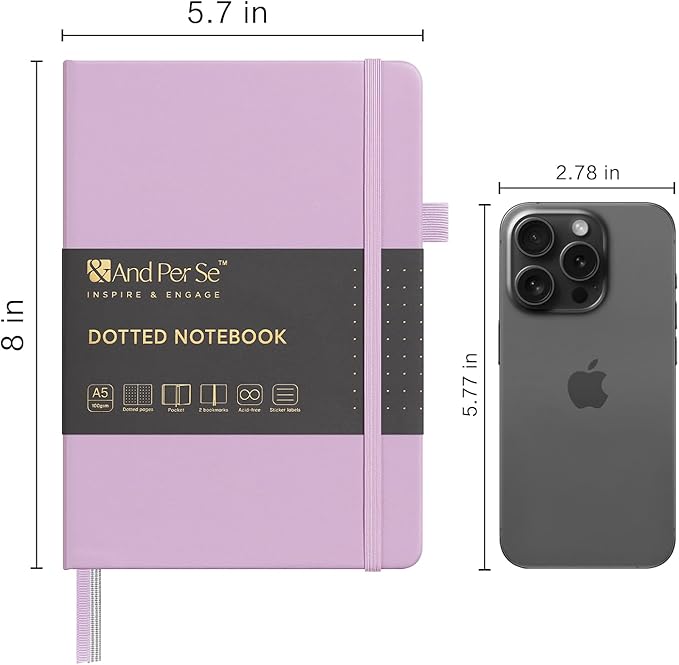 &And Per Se Dotted Journal Notebook, A5 Hardcover Leather Bullet Dotted Journal, 160 Pages 100 gsm Thick Dotted Paper,3 Sheets of Stickers Included - 5.7'' x 8'' (Light lavender)