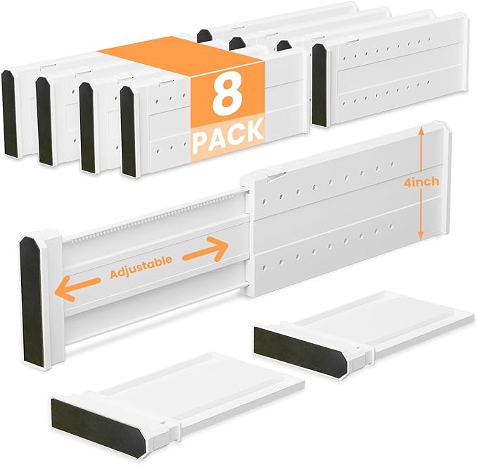 REBECAT 8 Pack Drawer Dividers for Clothes Adjustable Drawer Dividers 4" High Expandable from 11"-17" for Dresser Baby Clothes Bathroom Bedroom Kitchen and Office Storage,White