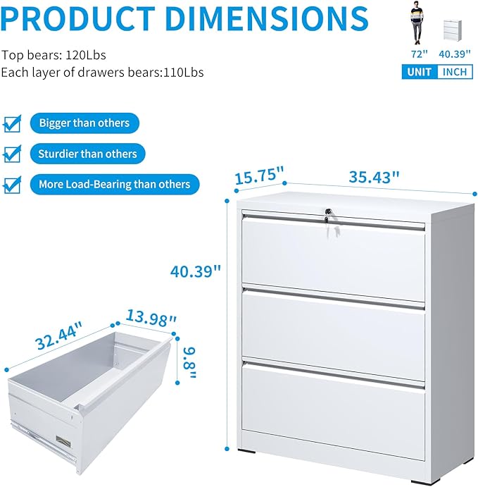 3 Drawer Lateral File Cabinet with Lock, Metal Lateral Filing Cabinet for Home Office, Steel Wide Horizontal Filing Cabinets for Letter/Legal/A4/F4 Hanging Files (White)