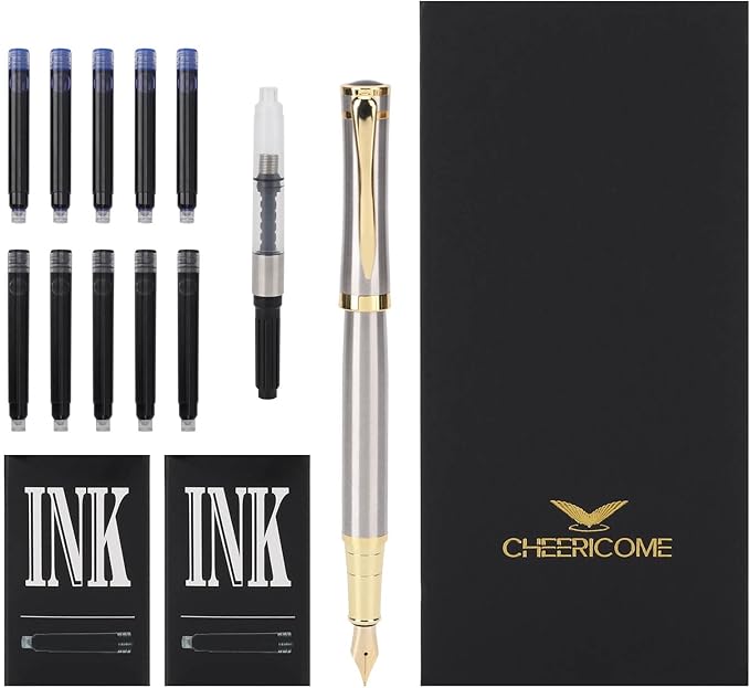 Cheericome Fountain Pen - Luxury Fountain pen set for Men & Women - Ink Pen for Smooth Writing - Fountain Pen Fine Nib,Includes 10 Ink Cartridges and Ink Refill Converter - Silver
