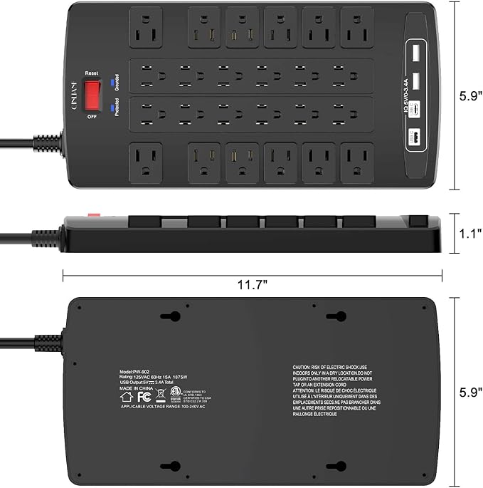 QINLIANF Surge Protector Power Strip - 10Ft Flat Plug Heavy Duty Extension Cord with 24 Outlets and 4 USB Ports(2 USB-C Ports), 1875W/15A, 4100J, for Home, Office, Dorm, ETL Listed, Black