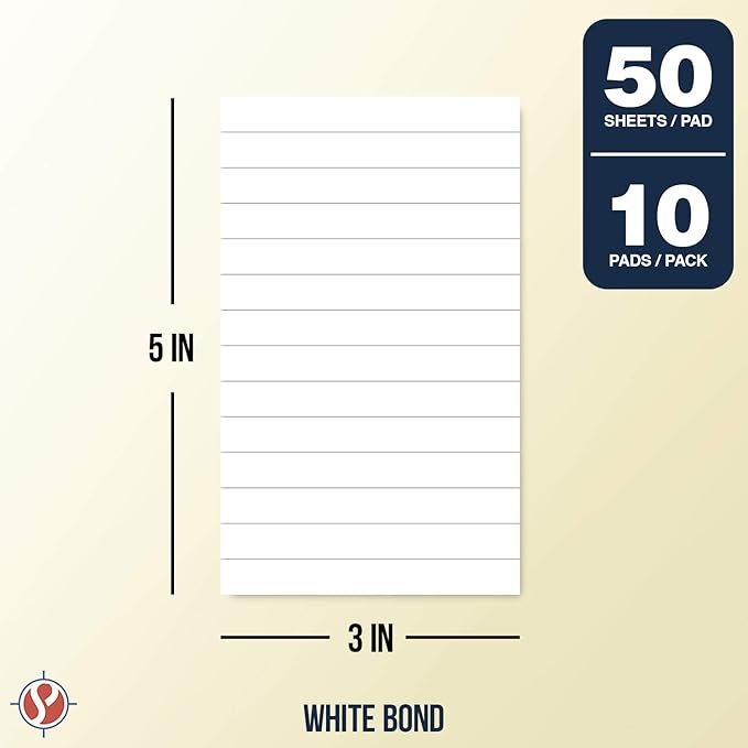 Memo Pads, White, With Black Lines – Lined Paper Notepads, Scratch Pad, Writing Pad for Planning, To-Do Lists, Appointments, Reminders, Home, Office – 50 Sheets Per Pad, 10 Pads per Pack – 3" x 5"