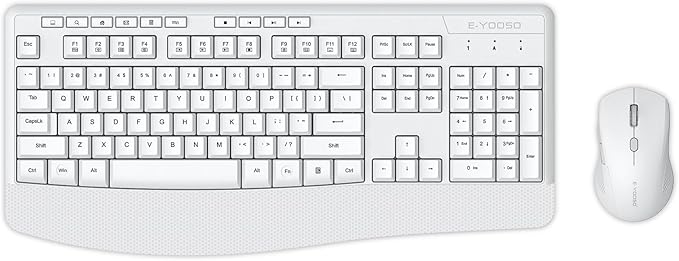 Wireless Keyboard and Mouse Combo, E-YOOSO 2.4GHz Full Sized Ergonomic Wireless Keyboard with Wrist Rest, 3 DPI Adjustable and 6 Buttons Cordless USB Mouse for Computer, Laptop, PC, Windows (White)