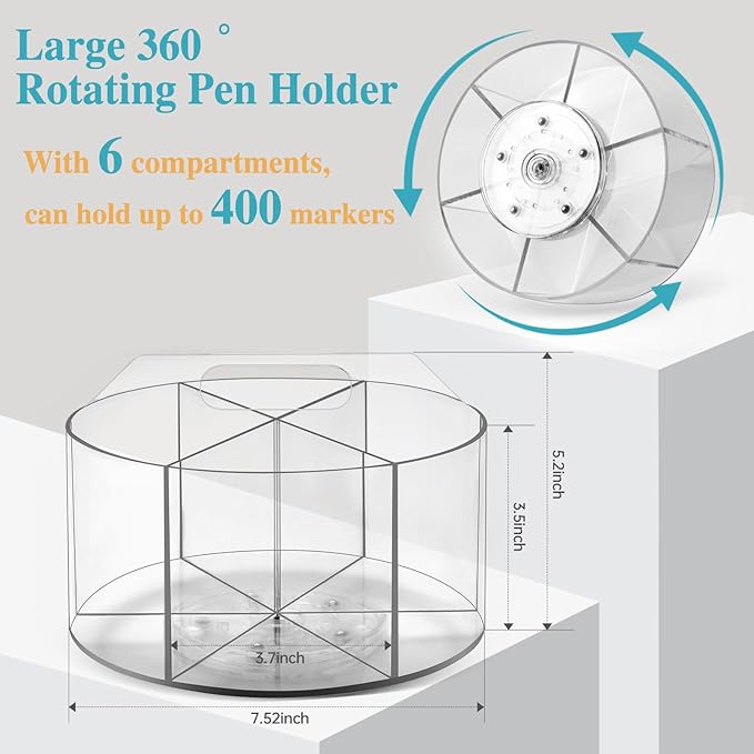 Large Acrylic Pen Holder for Desk, 6 Slots 360-Degree Rotating Pencil Holder Marker Organizer for Kids, Caddy Art Supply Organizer Crayon Organizers for Office School