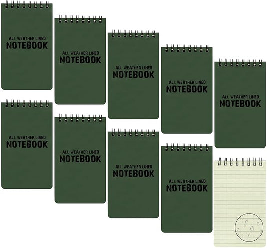 10 Pack Waterproof Notebook, All-Weather Pocket Sized Tactical Notepad, Top Spiral Memo Grid Paper Notepad for Outdoor Activities Recording(Army Green, 3"x5")