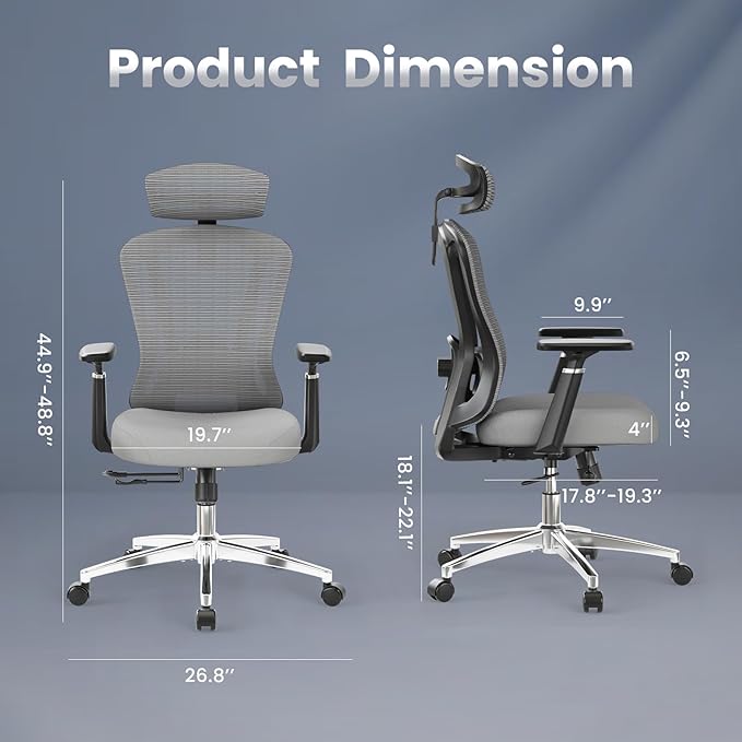 Farini Office Chair Ergonomic Desk Chair, High Back Computer Chair with Wheels, Home Sutdy Chair for Heavy People, Office Chair Adjustable Seat Depth, 3D Armrests and Adjustable Headrest, Gray