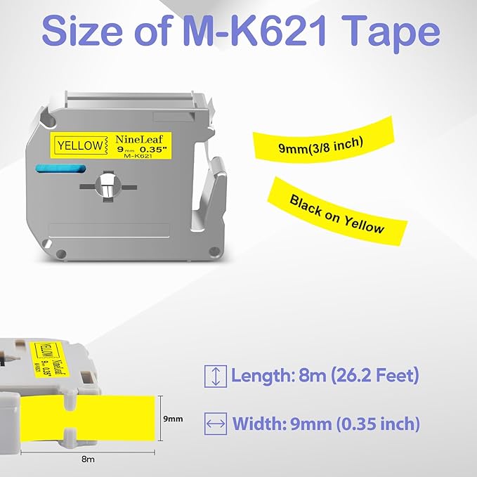 NineLeaf 4 Pack Compatible for Brother P-Touch M Label Tape MK621 M-K621 M621 Black on Yellow 3/8" (9mm) x 26.2ft (8m) Labeling Refill Cartridge Work in PT-45M PT-65 PT-70 PT-80 PT-M95 Label Maker