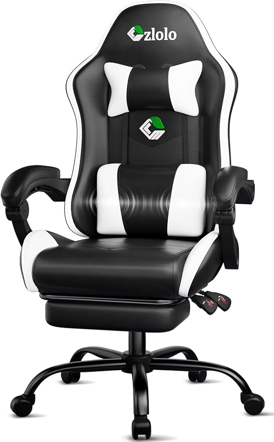 Gaming Chair, Ergonomic Office Computer Chair with Footrest and Lumbar Support Massager Racing Style High Back Video Gamer Chair, Wide&Thick Cushion, 90°-135° Recline, Adjustable Height, White