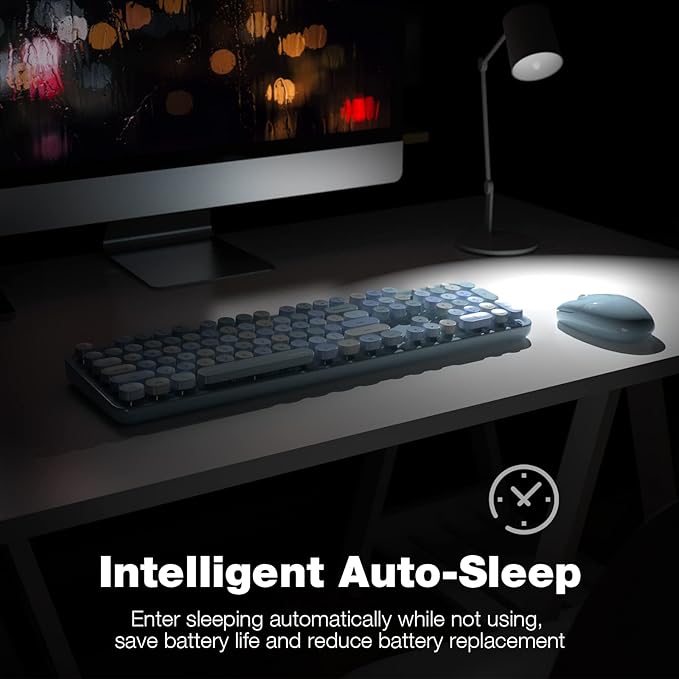 MOFII Wireless Keyboard and Mouse Set, Retro Full Size Typewriter Keyboard with Number Pad and Sport Car Mouse for PC Computer Desktop Laptop Windows (Blue Colorful)