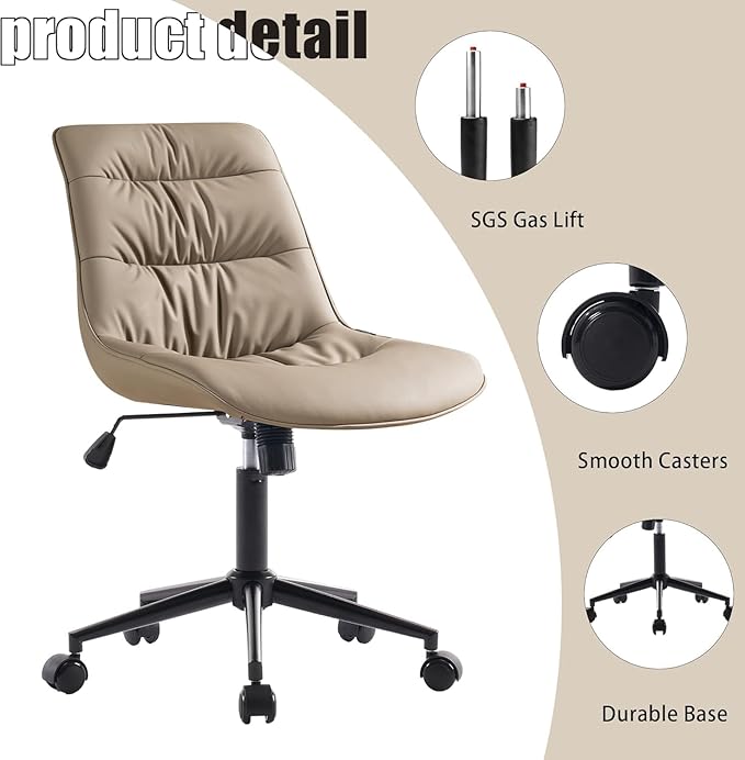 Kidol & Shellder Faux Leather Office Chair, Adjustable Swivel Height Task Chair, Rolling Wheels & Soft Backrest - Armless Ergonomic Desk Chair for Home, Office,Vanity,Gaming(Khaki)