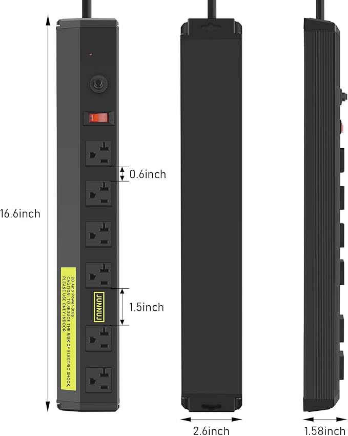 JUNNUJ Heavy Duty 20 Amp Power Strip 2 Pack, High Amp Surge Protector 6 Outlet, 20A Power Workshop Industrial Outlets Wide Spaced 6-20R T-Slot with Circuit Breaker,12 Gauge Extension Cord 6ft