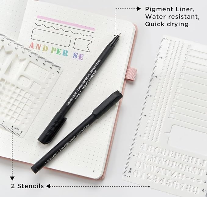 &And Per Se Bullet Dotted Journal Notebook, A5 Leather Hardcover, 176 Numbered Pages 100GSM Thick Dotted Paper, 2 Sheets of Stencils Included - 5.7'' x 8'' (Grey)