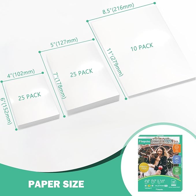 Glossy Photo Paper 4x6, 5x7, 8.5x11, 60 Variety Pack Bulk, Assorted Sizes, Inkjet printer, 52lb/200gsm