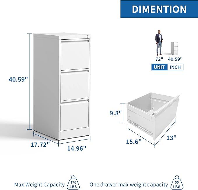 3 Drawer File Cabinet with Lock, Vertical Filing Cabinets for Home Office, Locking File Cabinet Hanging Files for A4/ Legal/Letter, Require Assembly, White