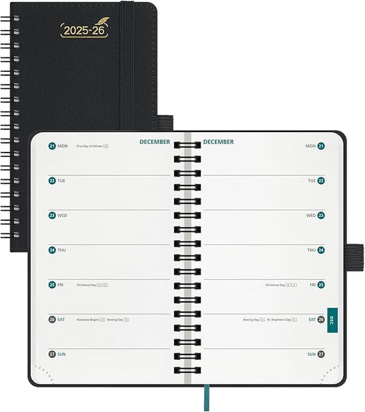BEZEND Pocket Planner 2025-2026 Weekly with 2 Columns, 18-Month Academic Calendar (Jul 25-Dec 26), Life Work App., Storage Pocket, Pen Holder, PU Leather Softcover 3.5" x 6" Spiral - Black