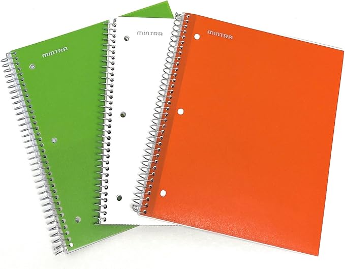 Mintra Office Durable Spiral Notebooks, 1 Subject, (Green, White, Orange, College Ruled 3pk)
