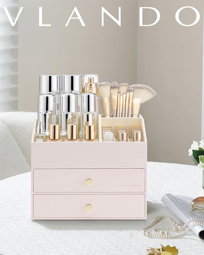 Vlando Makeup Organizer,Skincare Organizer for Vanity,PU Leather Make up Organizer with Drawers Cosmetic Display Case for Countertop,Perfume,Gifts Ideas for Women (Apricot White)