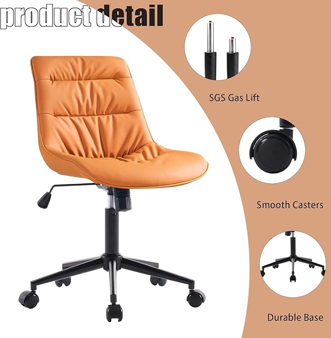 Kidol & Shellder Faux Leather Office Chair, Adjustable Swivel Height Task Chair, Rolling Wheels & Soft Backrest - Armless Ergonomic Desk Chair for Home, Office,Vanity,Gaming(Orange)