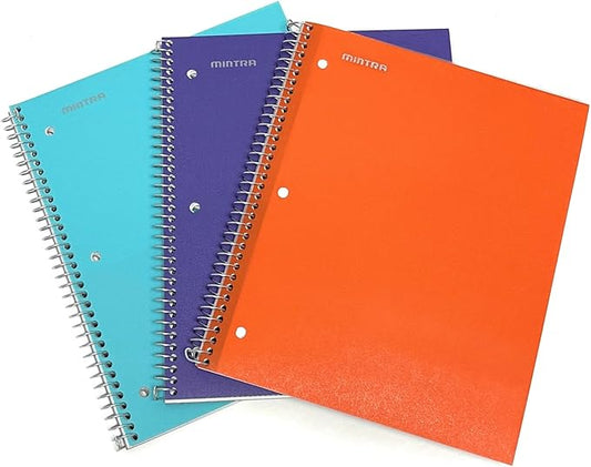 Mintra Office Durable Spiral Notebooks, 1 Subject, (Teal, Purple, Orange, College Ruled 3pk)