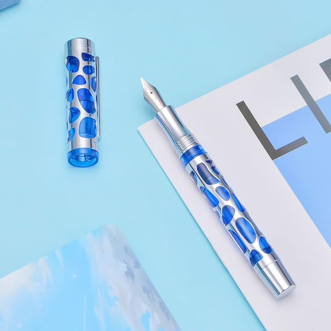 Asvine V169 Vacuum Filling Fountain Pen Extra Fine Nib, Water Drop Skeleton Transparent Blue Acrylic Pen Case Set