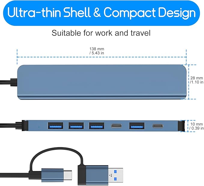 USB Hub 3.0,USB C hub,USB hub with USB C Multiport Adapter, USB Splitter with 1xUSB 3.0,4xUSB2.0,2 x USB C,USB c hub for MacBook Pro/PC/Laptop/Tablet Devices (Grey 7in1)