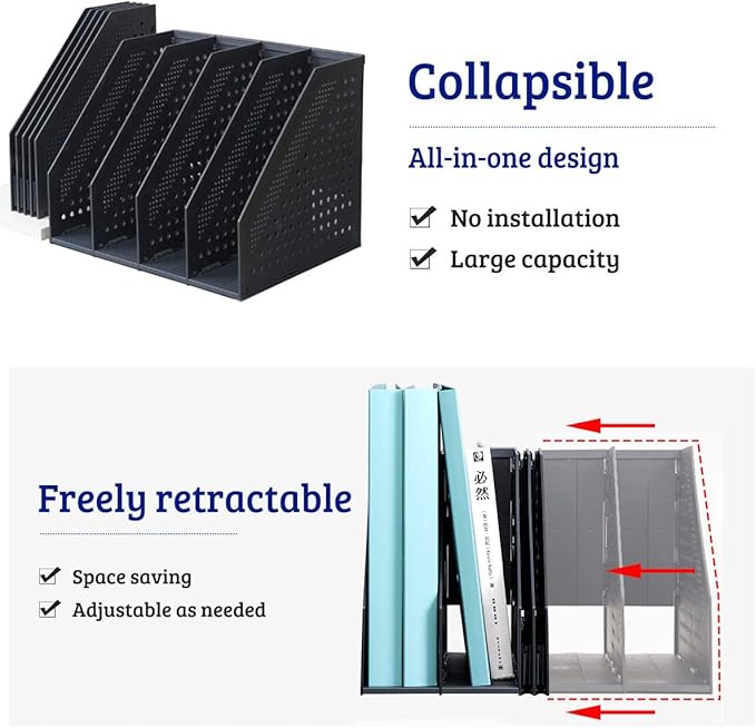 Lemical Magazine Holder 4 Vertical Compartments Collapsible Magazine File Holder Space Saving Rack Home Kitchen Desk Organizer No Need Assemble (Black)