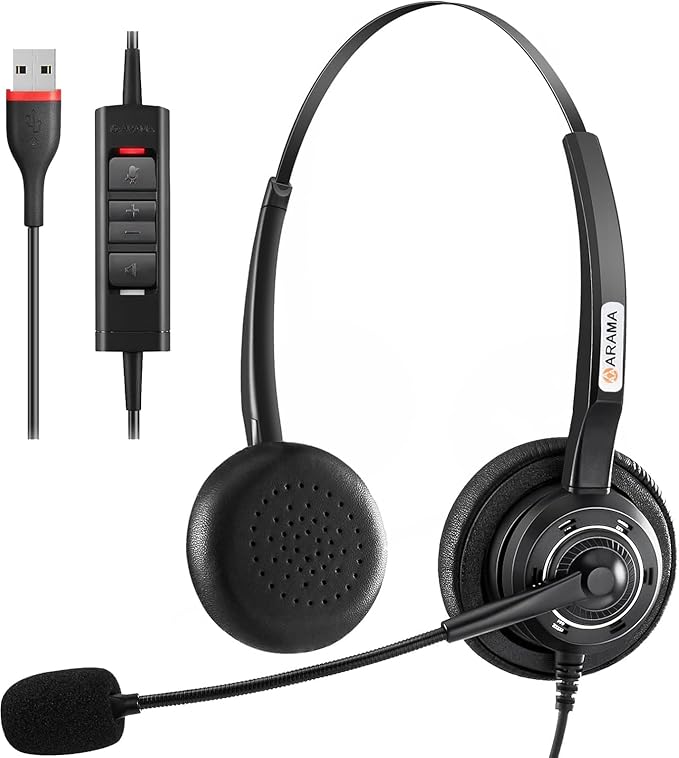 Arama USB Headset with Microphone for PC Laptop, On-Ear Wired Computer Headset with Noise Cancelling Mic & in-line Control for Home Office Call Center Online Class Skype Zoom(A202USB)