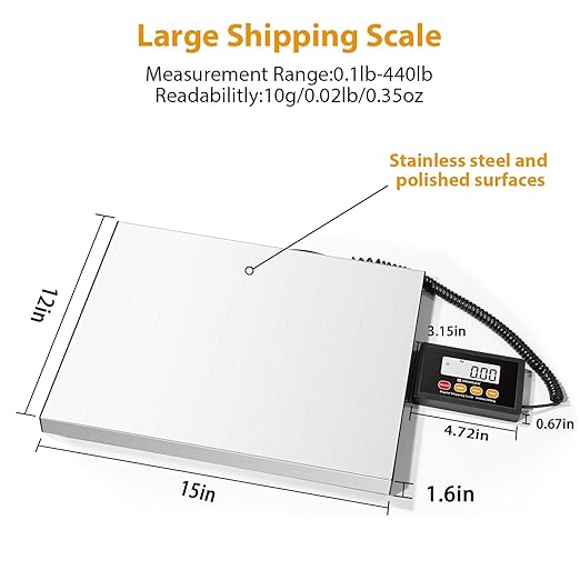 Digital Postal Scale,440lb x 10g Accuracy Shipping Scale,Stainless Steel Platforms,Heavy Duty Scale with LCD/Hold/Tare Functions,Postage Scale for Packages,Luggage Scale,Battery&USB Included