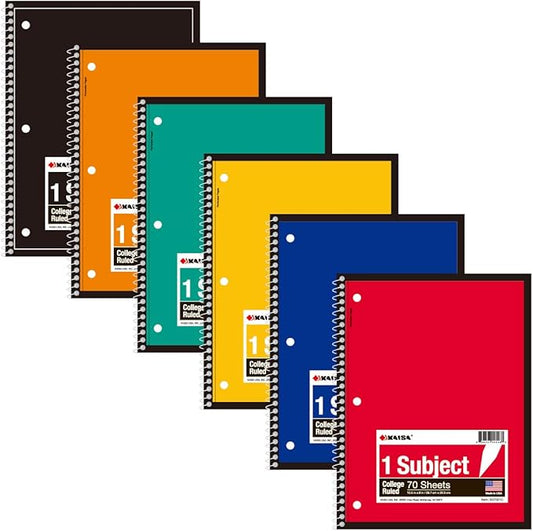 KAISA 70 Sheet 1-Subject Wirebound Notebook Spiral Notebooks, College Ruled 10.5x8 Spiral Notebooks For School Students Office, Pack of 6 Pads,S07001C