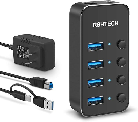USB 3.0 Hub RSHTECH 4 Port Powered USB 3.0/USB C Hub Upgraded Version with 2-in-1 3.3ft USB Cable,5V Power Adapter and Individual Switches, Portable Aluminum USB Splitter for Laptop and PC, RSH-ST04