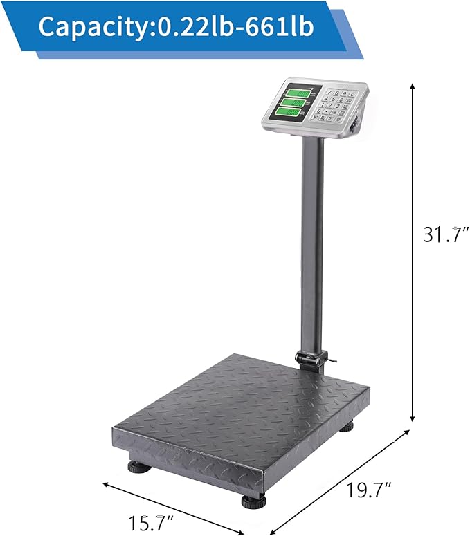 TUFFIOM 661lbs Electronic Industrial Commercial Platform Scale,Stainless Steel High-Definition LCD Display,Digital Floor Heavy Duty,Luggage Package Price Computing Postal Shipping Mailing,Grey