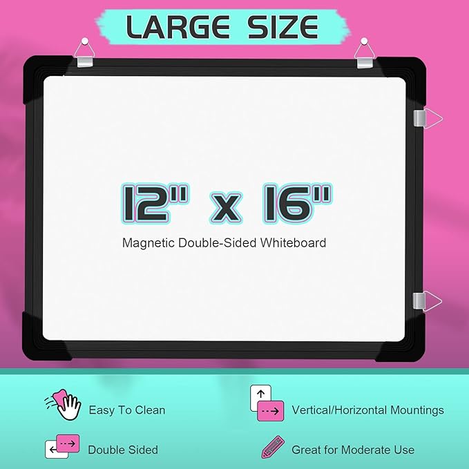 Polegas Dry Erase Whiteboard Calendar, Magnetic White Board Dry Erase Calendar, 16" X 12" Monthly Calendar Whiteboard for Wall, Small Double Side Board to Do List for Home, School, Office (Black)