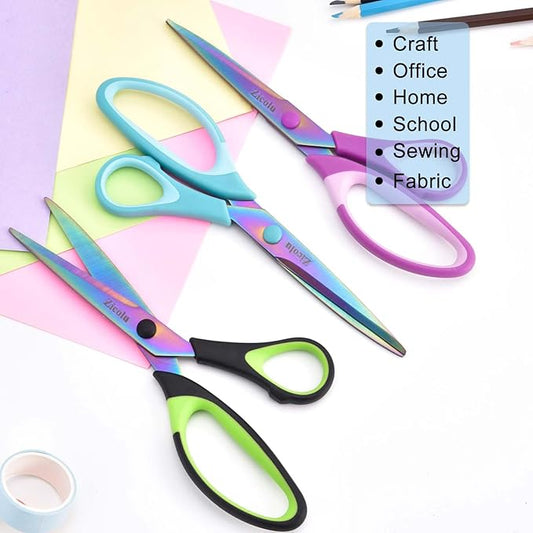 8.5" Scissors All Purpose, Multipurpose Office Scissors Set of 3 pack, Sharp Titanium Coating Blade and Soft Comfort-Grip Sturdy Scissors for Fabric School Craft Sewing Home, Right/Left Handed