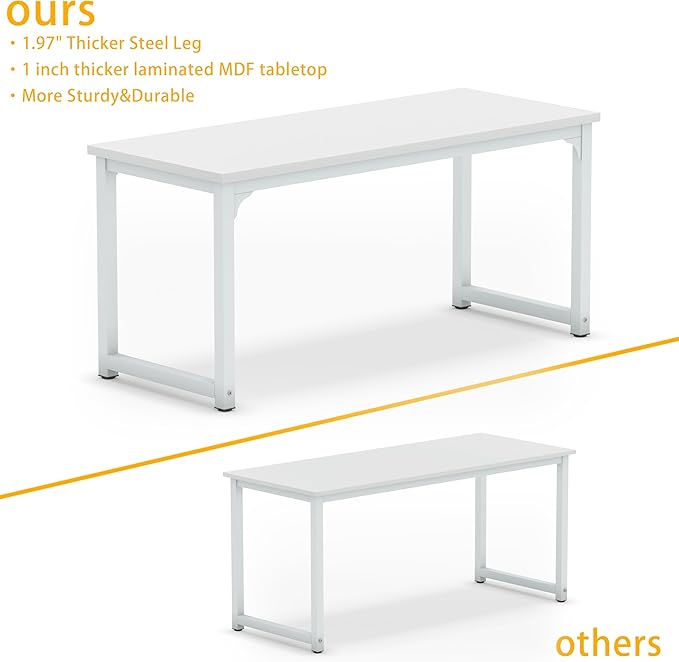 NSdirect Large Office Desk for Home Office, Large 63” Computer Desk Table, Wide Writing Study Desk for 2 Person, Metal Sturdy Frame Thicker Steel Legs,Warm White