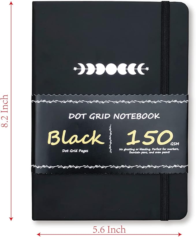 BUKE Dotted Journal - Dot Grid Notebook - 150gsm No Bleed Black Paper - 160 Black Pages - For Women and Men - A5 PU Leather Hardcover 5.75" x 8.5" and Gift Box (BKB-3)