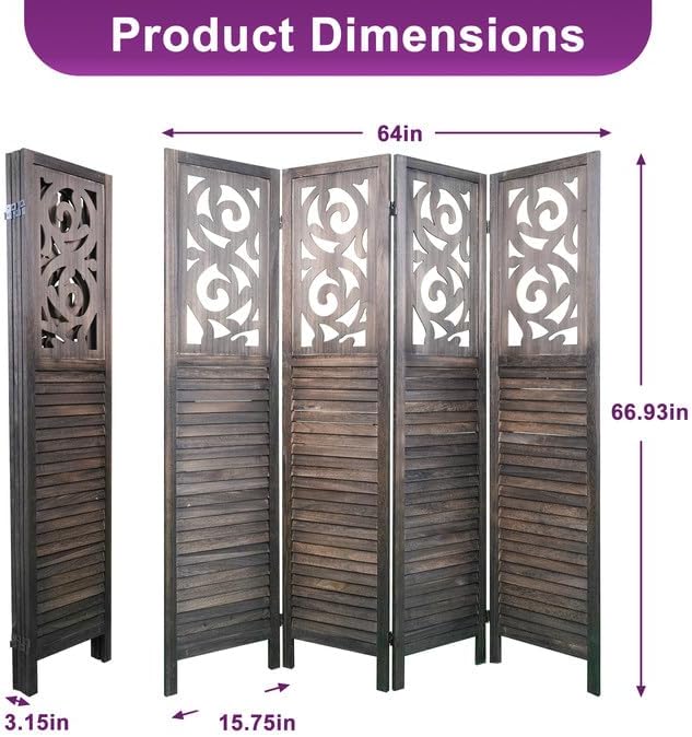Room Divider, 5.6FT Folding Room Divider Panel, 4 Panel Craved Wood Partition Wall Divider for Room Separation, Rustic Brown