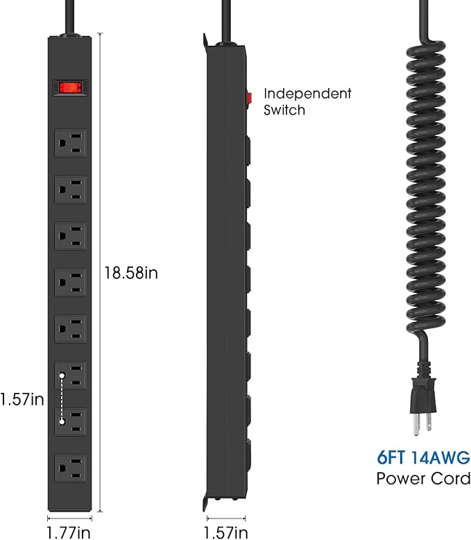 HHSOET 8 Outlet Metal Wall Mount Power Strip, Mountable Outlet with Switch, Heavy Duty Wide Spaced Surge Protector, 6 FT SJT 14AWG Black Spring Cord.