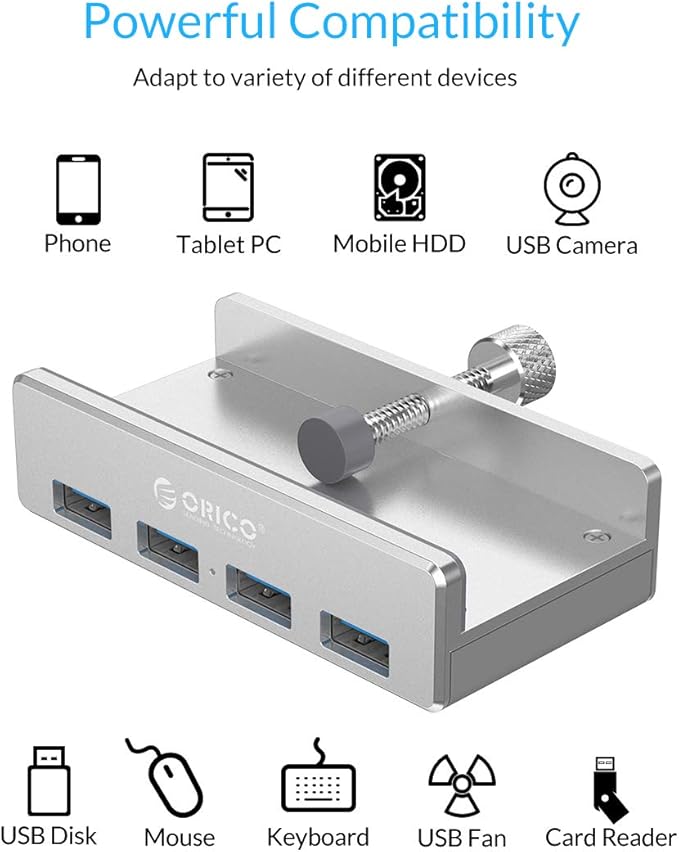 ORICO USB 3.0 Hub Clamp Adapter, Aluminum 4-Port USB Splitter with Extra Power Supply Port and 4.92 FT USB Data Cable, Ultra-Portable USB Expander for 2021 iMac/Laptop/PC