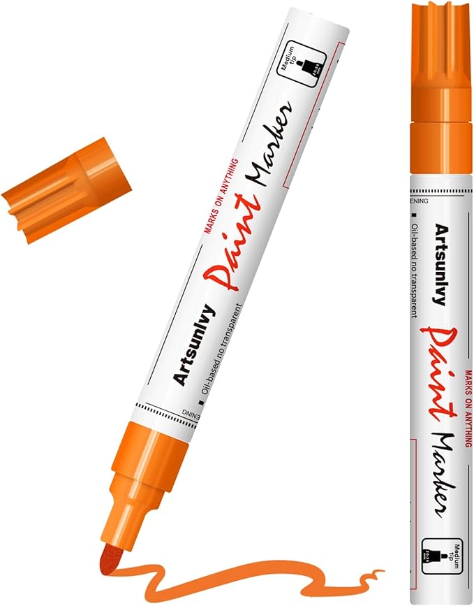 Orange Paint Pens Permanent Markers - 2 Pack Oil Based Quick Dry Waterproof Markers for Tire, Rubber,Wood, Rocks, Metal, Canvas, Plastic, Dark Surface,Craft Art Supplies,Medium Point