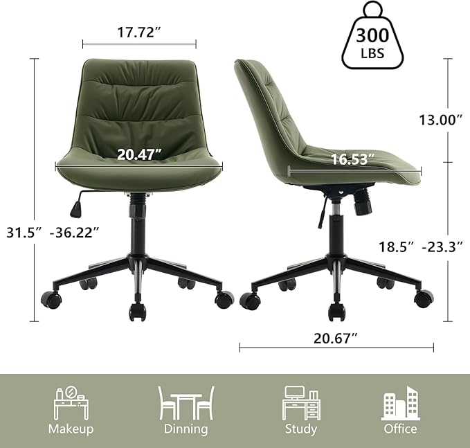 Kidol & Shellder Faux Leather Office Chair, Adjustable Swivel Height Task Chair, Rolling Wheels & Soft Backrest - Armless Ergonomic Desk Chair for Home, Office,Vanity,Gaming(Bean-Green)