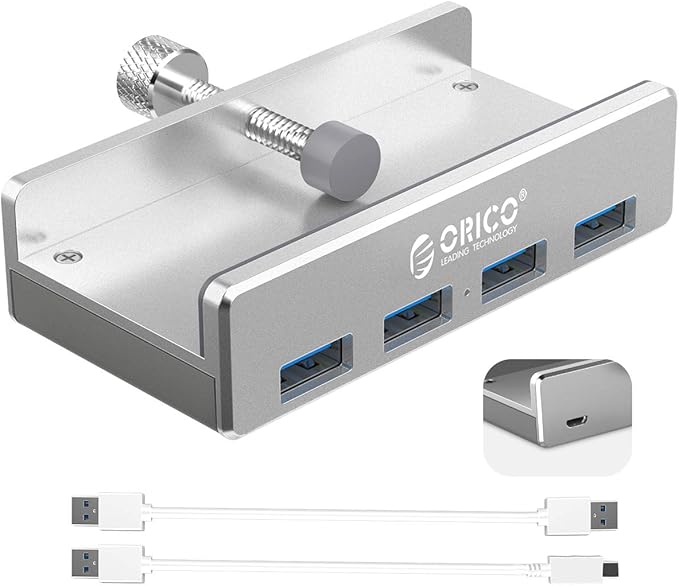 ORICO USB 3.0 Hub Clamp - Aluminum 4-Port USB Splitter With Extra Power Supply Port, 4.92 FT USB A to C Cable, Desktop Powered Hub for Monitors/Desks - Silver
