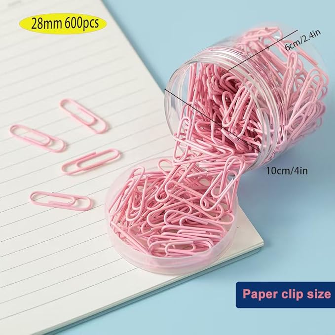 Macaron Colored Paper Clips, 1.1" Medium Paper Clip(28mm, 600pcs Paperclips for Office Supplies and Organization (Pink)
