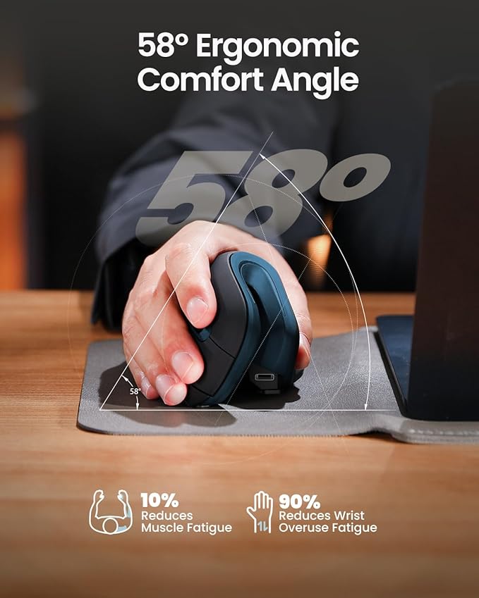 ProtoArc Ergonomic Vertical Mouse, EM11 NL Rechargeable Wireless Mouse Bluetooth, Ergo Mice with 3 Multi-Device for PC/Notebook/Laptop, 2.4GHz Optical Mice for Windows, Mac OS, Blue