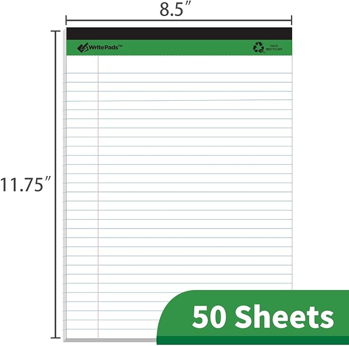 KAISA Thick Legal Pad Premium Writing Pads With Thick Chipboard Back Support, Wide Ruled 8.5x11 inch 20lb Recycled Paper Legal Pads, 50sheets/Pad,12pad, KSU-6917