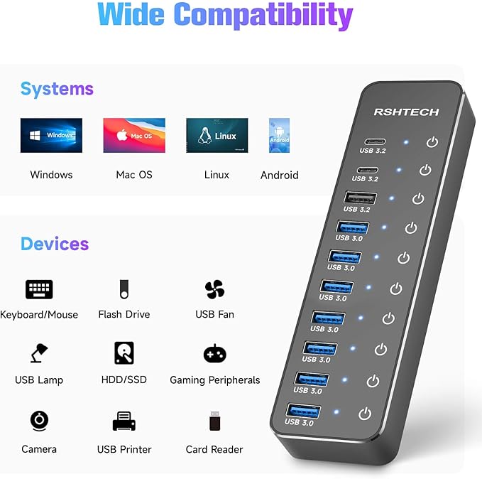 Powered USB Hub, RSHTECH 10-Port USB 3.2/USB C Hub 60W with 10Gbps USB-A 3.2, 2 USB-C 3.2, 7 USB 3.0 Ports, Individual Touch Switches and 3.3ft Cable, Hybrid USB Splitter for Laptop/PC, RSH-ST10C
